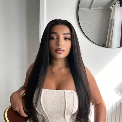 full lace straight wig in natural black, 24 inches, with half up half down style and free parting