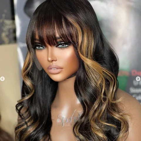 blonde highlight loose wave lace closure wig with bangs, glueless 5x5 lace, natural textured hair style