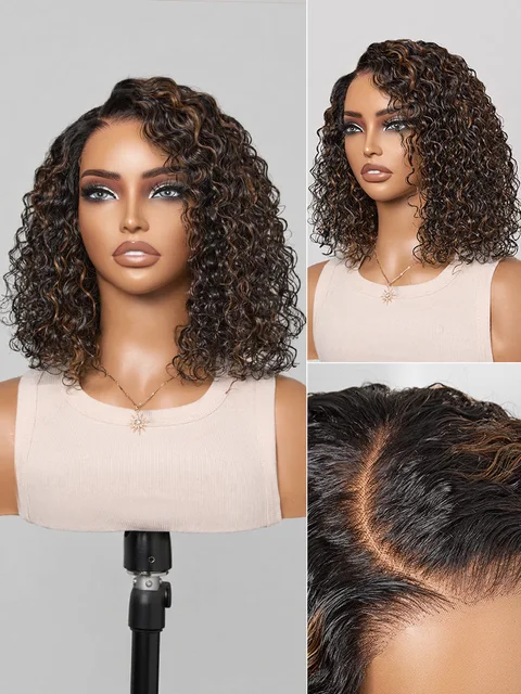 Wet and wavy brown highlight lace water wave wig with a 5x5 closure, pre-cut, glueless, by .
