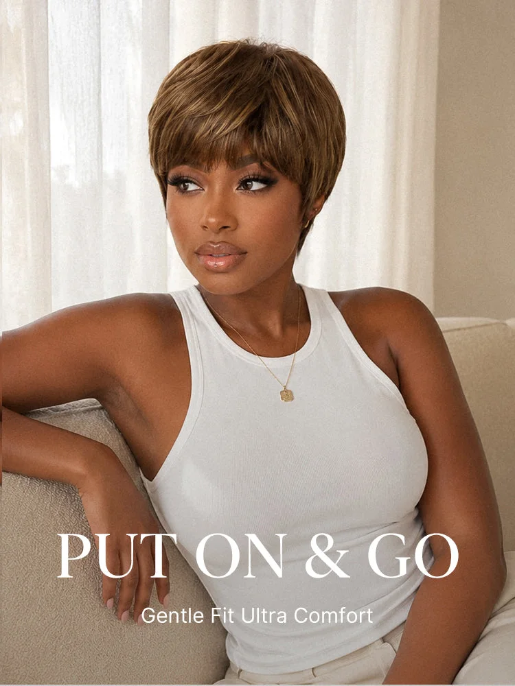 Throw On & Go Light Blonde Short Cut with Bangs Wig Ultra Comfort Skin-Like Soft Care Glueless Wig-14