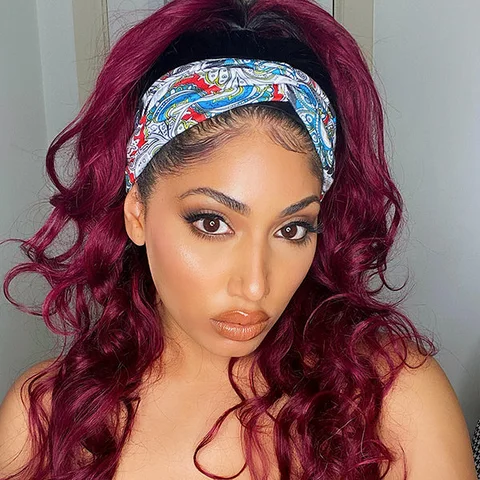 Put On & Go Glueless Sugar Plum dark root headband wig with 100% human hair, styled for easy wear and natural look.
