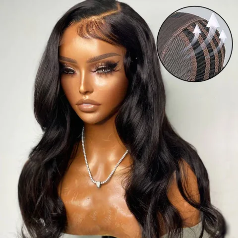 breathable 5x5 closure wig with loose body wave, glueless lace front, long style, and mid-part for natural look.